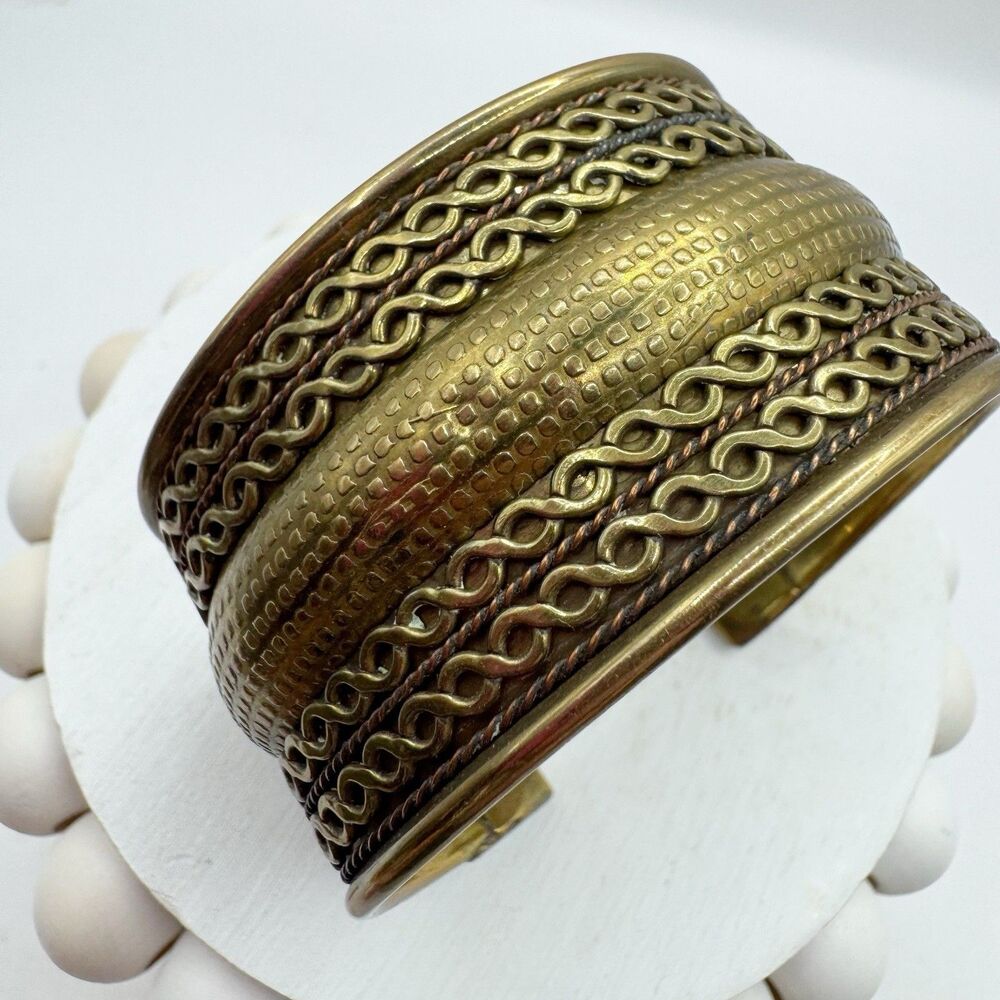Brass Cuff Bracelet Rope Textured Brass Copper Wide Bohemian Boho